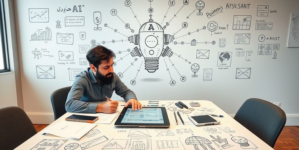 A creative meeting between a Persian digital marketer and a developer discussing AI-powered SEO content on a tablet, surrounded by handwritten drafts, sketches, and diagrams in Persian text. Large wall art illustrating AI concept adds inspiration.
