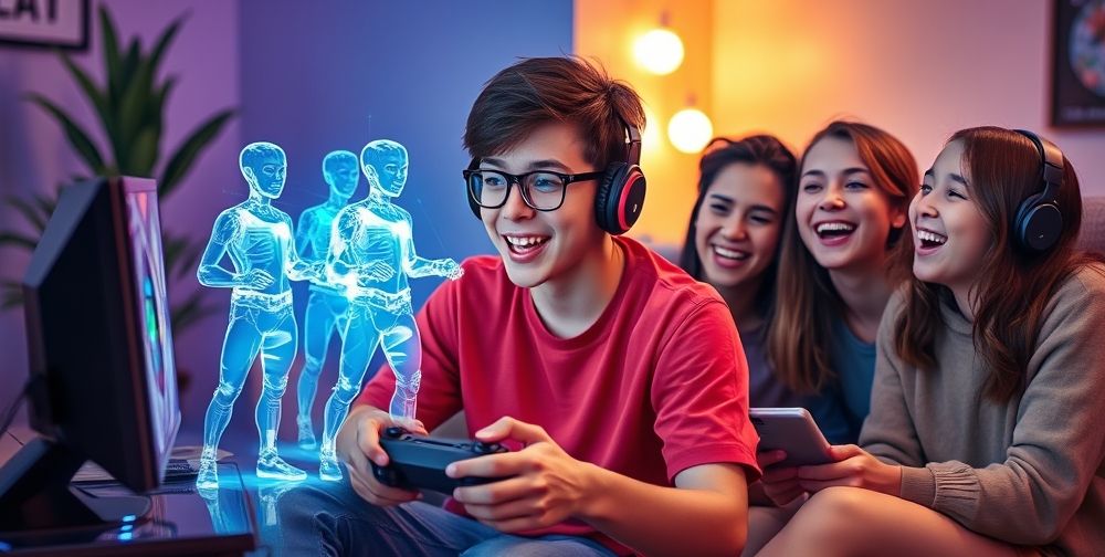 A vivid scene of a teenager playing a console game alone, with holographic AI teammates materializing next to him, contrasting with a photo frame showing real friends laughing together, blending the concepts of digital and human companionship in gaming.