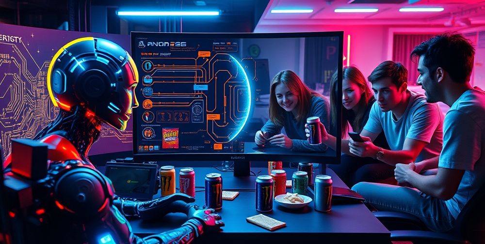 A detailed gaming setup showing a split screen: on one side, an AI character coded with glowing networks, strategizing moves; on the other, a lively group of friends intensely focused on their shared gaming experience, energy drinks and snacks scattered around.