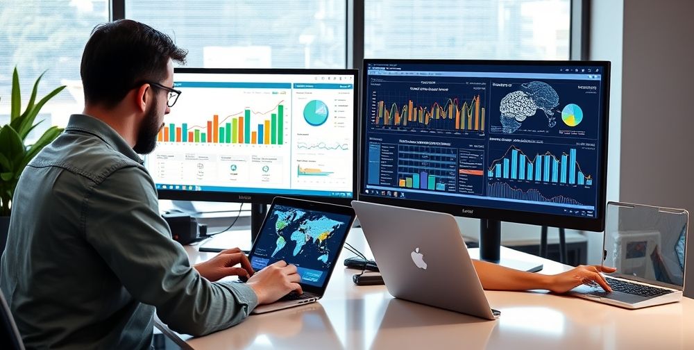 A modern digital workspace showing Persian webmasters using laptops, dual monitors with SEO analytics dashboards, artificial intelligence algorithms visualized, and data flow graphics—colorful, dynamic, and clearly focused on Iranian web and technology context.