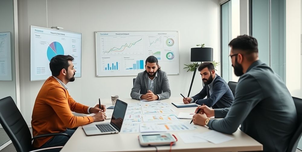 A professional Iranian SEO team in a bright, high-tech meeting room, collaborating over charts, AI-powered SEO tools, Persian language dashboards, and brainstorming digital growth strategies.