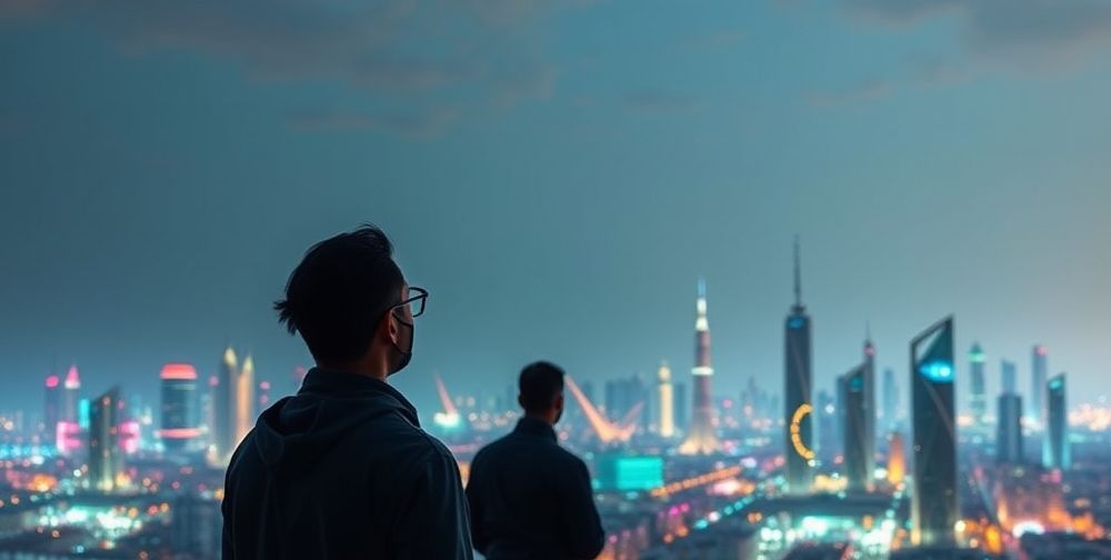 An inspiring futuristic vision of Iranian tech professionals looking at a digital skyline filled with holographic search engines, AI-powered optimization graphs, and Persian websites rising in ranking.