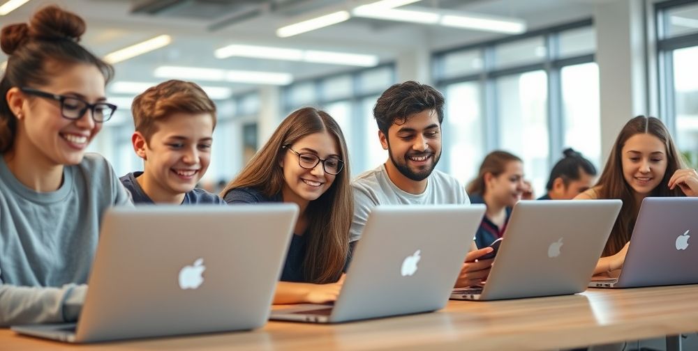 A bright and modern workspace showing a diverse group of teenagers engaged with laptops and smartphones, using advanced AI language learning apps, lively facial expressions, digital UI floating around.