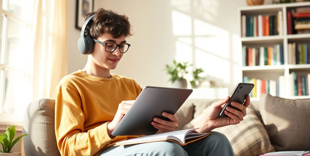 A sun-filled cozy home with a young person multitasking: listening to a language-learning podcast, taking notes with a tablet, practicing speech on a smartphone app, vibrant bookshelf in background.