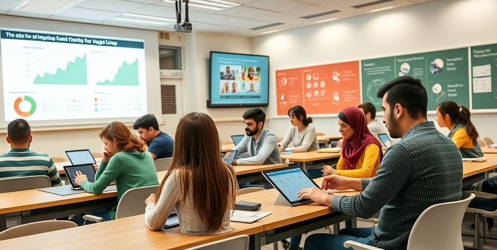 A modern classroom where Persian language learners use tablets and AI-powered voice recognition apps, with vibrant infographics showing progress and diverse students actively participating.