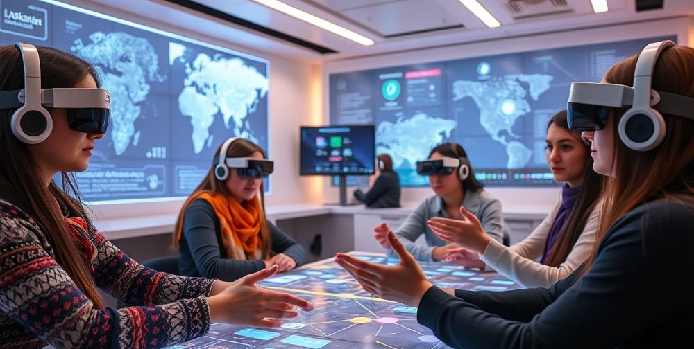 A futuristic digital learning hub where Persian language students use wearable AI devices, smart hologram assistants, and gesture-based interfaces in an immersive, interactive environment.
