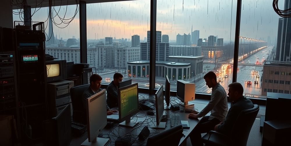 Modern Tehran tech companies struggling with legacy servers, frustrated programmers, outdated computers, and tangled cables. Rainy evening cityscape through large windows, emphasizing technological gaps.