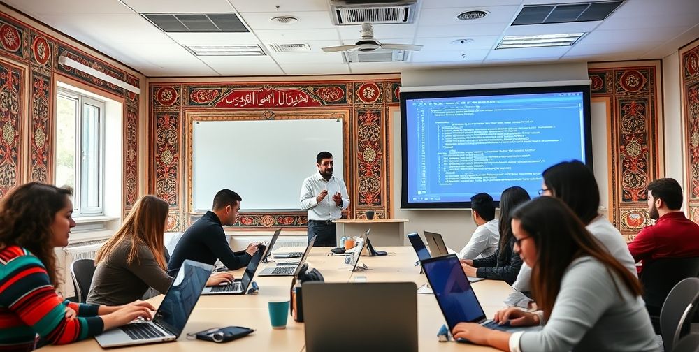 A vibrant Iranian university tech classroom, students collaborating around laptops, a professor explaining AI code on a digital board, colorful Persian calligraphy on walls, fostering learning spirit.