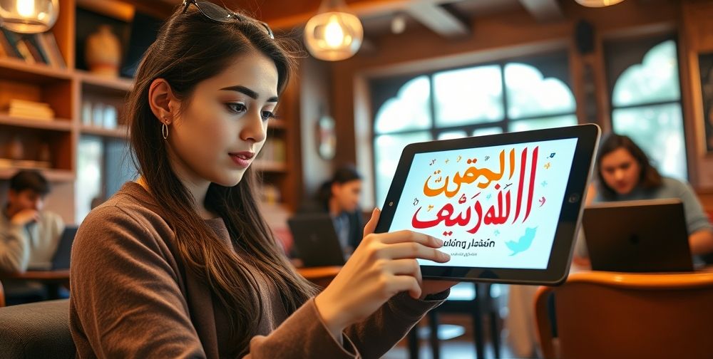 A young Iranian woman using a tablet in a cozy café, interacting with a colorful app interface that shows a mix of Persian and English phrases, with other students in the background studying with digital devices.