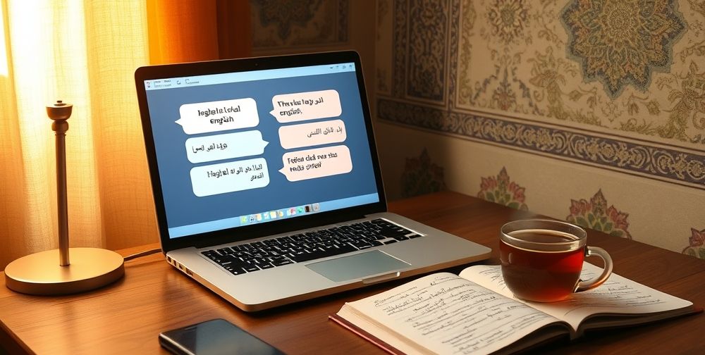 A cozy Iranian study space with traditional Persian patterns, a laptop open to an interactive language app featuring conversation bubbles in English and Farsi, beside a cup of tea and a notebook with handwritten notes.
