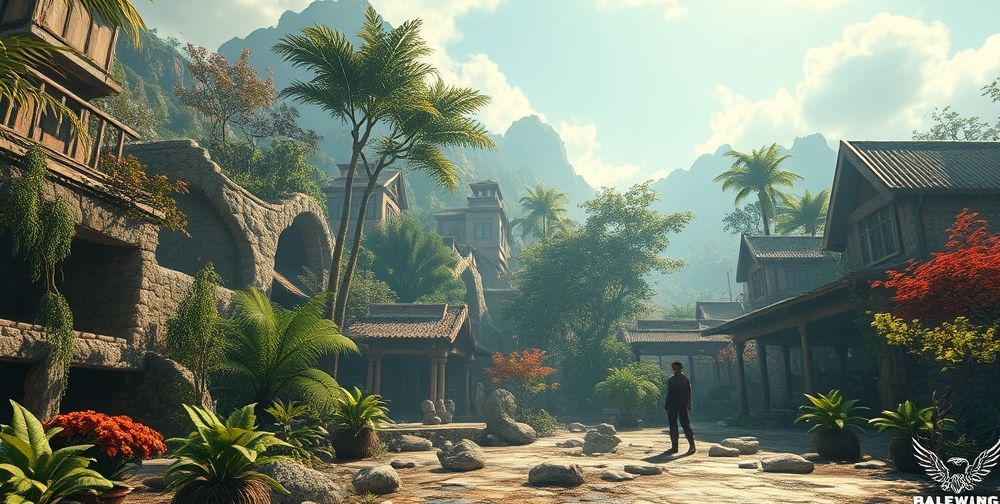 Ultra-realistic 3D game scene showcasing detailed textures, dynamic lighting, and a character interacting seamlessly thanks to AI-driven graphic optimization. The scene should read as a next-gen open world ready for player exploration.
