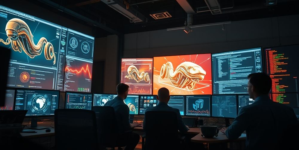 A behind-the-scenes look at a development studio where developers are working with advanced AI algorithms on big monitors, using real-time visualization tools to optimize game graphics. Focus on team collaboration, technical graphs, and code on screens.