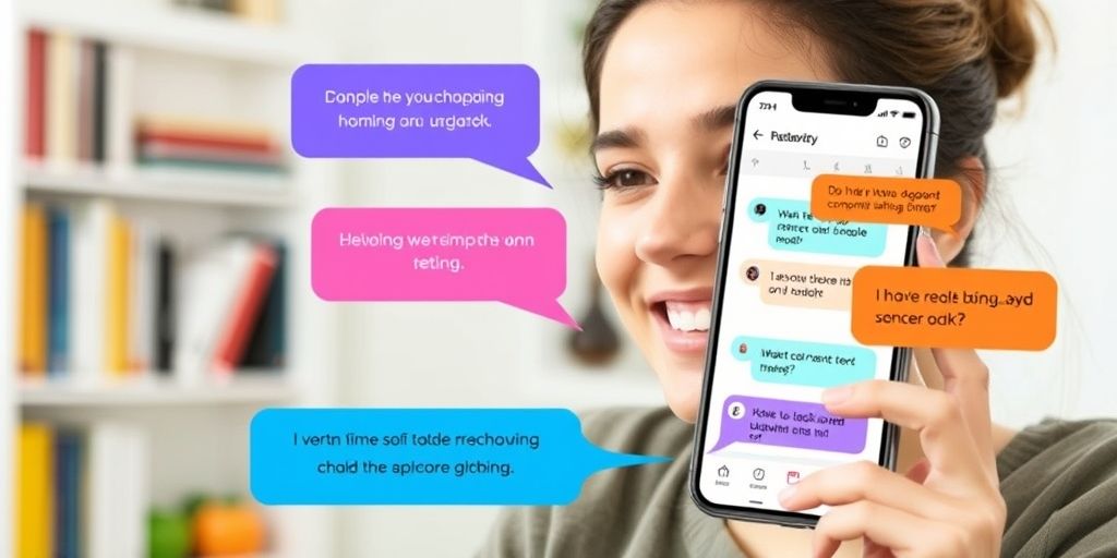 A person smiling while speaking into a smartphone with an AI language tutor app interface, colorful speech bubbles showing corrections and feedback, natural home environment with books.
