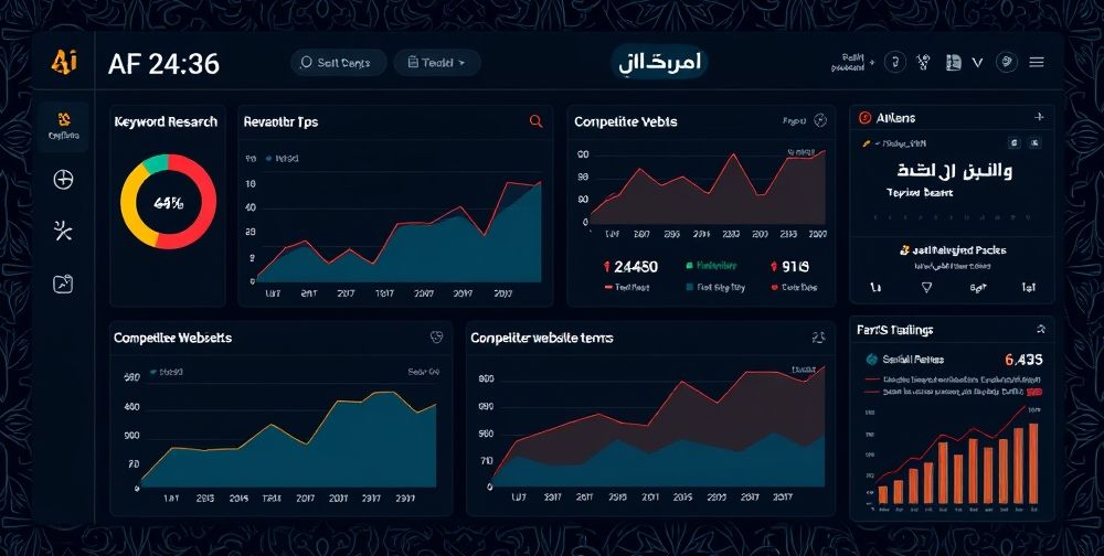 A detailed AI dashboard showing keyword research graphs, competitor website comparisons in Farsi, and alert notifications about trending Persian search terms. Background includes Persian calligraphy and digital patterns.