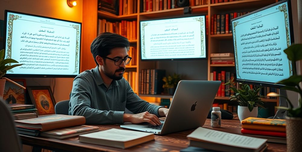 A creative workspace with a Persian designer editing AI-generated articles on a laptop, Persian books on content strategy nearby, warm lighting, and Farsi content drafts visible on screens.