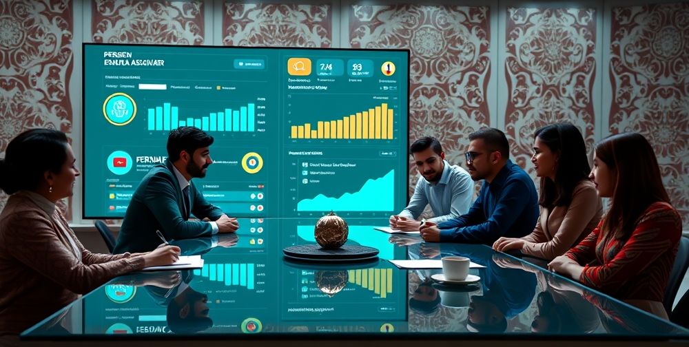 A futuristic Persian SEO dashboard showing secure data encryption icons, trust badges, AI-powered analytics, and a team brainstorming digital marketing strategies in Persian, emphasizing a safe, transparent future.