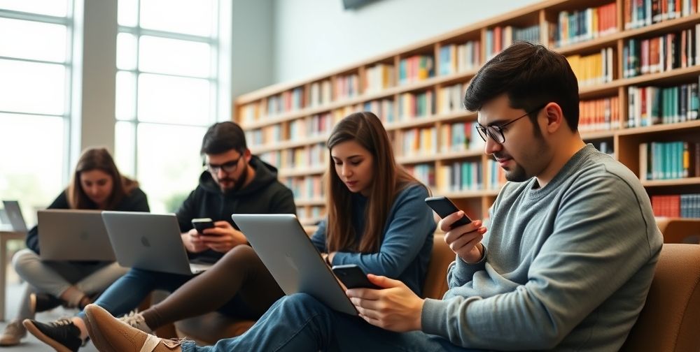 A modern university library with Persian students using laptops and mobile phones, engaged in learning languages through AI-powered apps. Soft daylight, vibrant bookshelves in the background, digital screens displaying language exercises, relaxed but focused atmosphere.