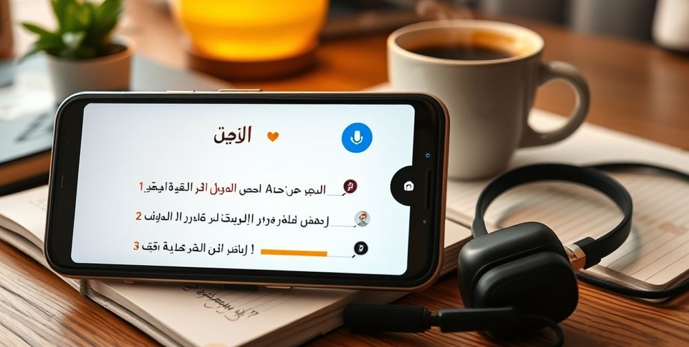 A close-up of a smartphone displaying an AI language learning app interface with Persian language text, interactive progress bars, and a voice assistant icon. Behind, a cozy study desk with coffee, notebook, and headphones, conveying tech-enabled self-study.