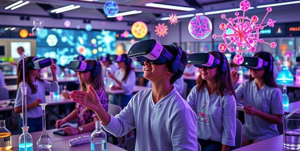 A modern classroom filled with students wearing VR headsets, engaged in interactive science experiments, with vibrant holographic models floating around them.