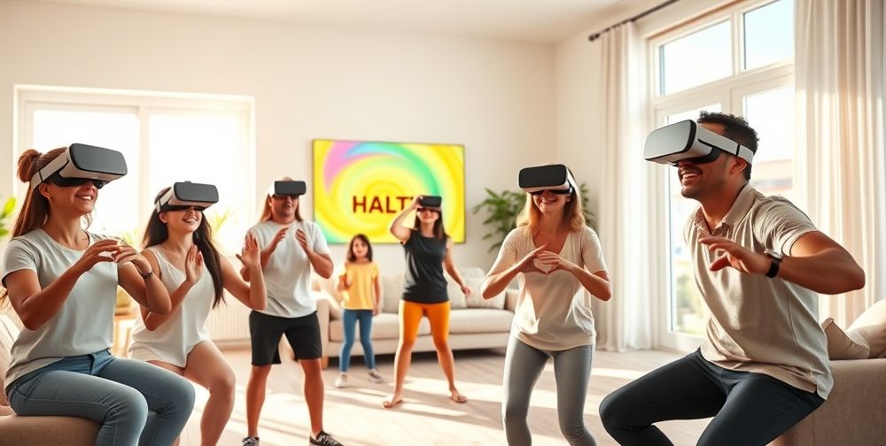 A brightly lit living room where a family is wearing VR headsets, playing a cooperative fitness game together, with digital exercise prompts and lively animated backgrounds.