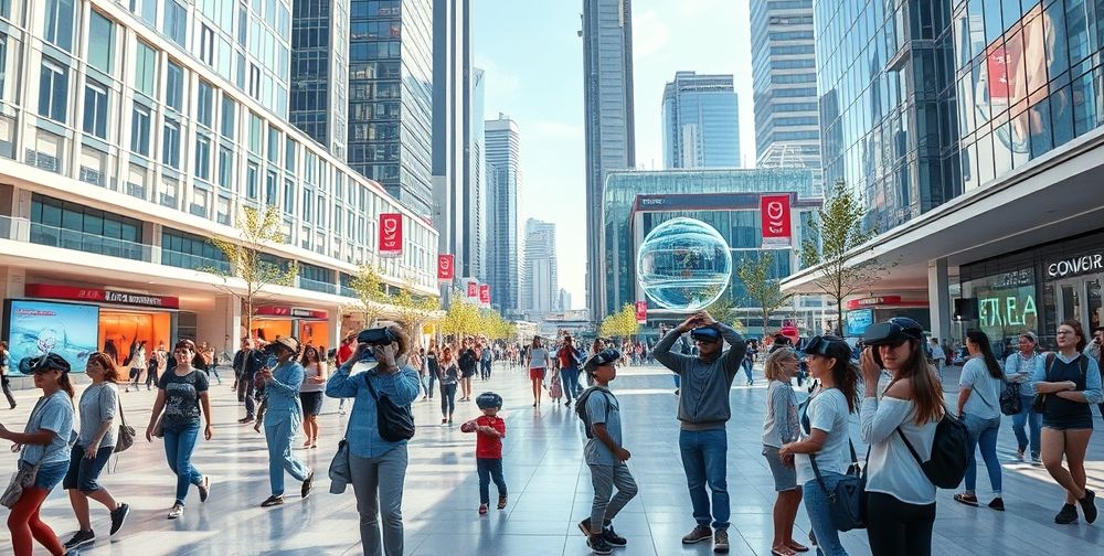 A futuristic city square with people and children using VR headsets, blending digital overlays with real-world architecture, indicating the seamless integration of technology into daily urban life.