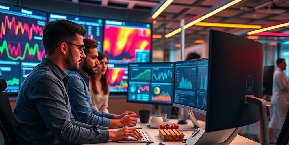 A modern workspace showing data analysts reviewing website heatmaps, beside a developer tuning an AI algorithm on a dual monitor computer. The scene emphasizes collaboration between human intuition and artificial intelligence.