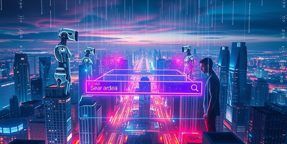 An imaginative futuristic search engine interface floating in a digital cityscape, with AI icons and human avatars exchanging insights. The image reflects the synergy of human emotion and artificial intelligence in SEO.
