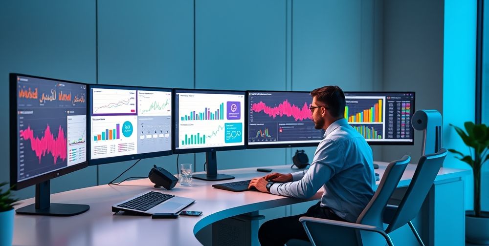 A modern digital workspace with multiple monitors displaying Persian AI-generated content analysis, colorful SEO metrics dashboards, and a human consultant reviewing suggested keywords together with an AI assistant.