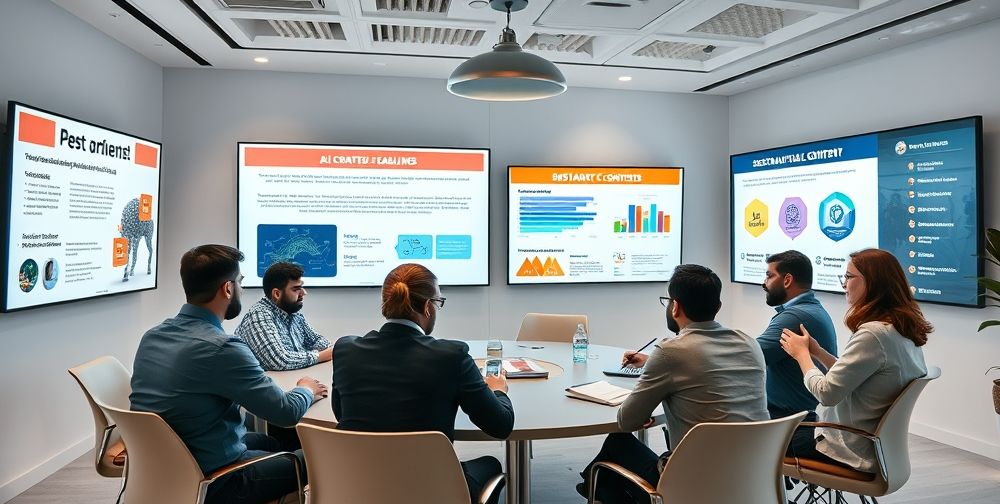 A collaborative team brainstorming session in a modern Persian content agency with digital displays showing AI-generated headlines, focused writers, and colorful infographics emphasizing content sustainability.