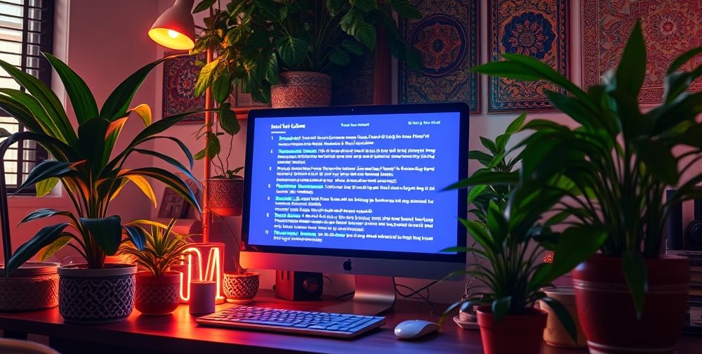 An AI-powered software interface writing high-quality Persian web content, with highlighted semantic keywords and E-E-A-T indicators, on a computer screen surrounded by potted plants and Persian cultural motifs.