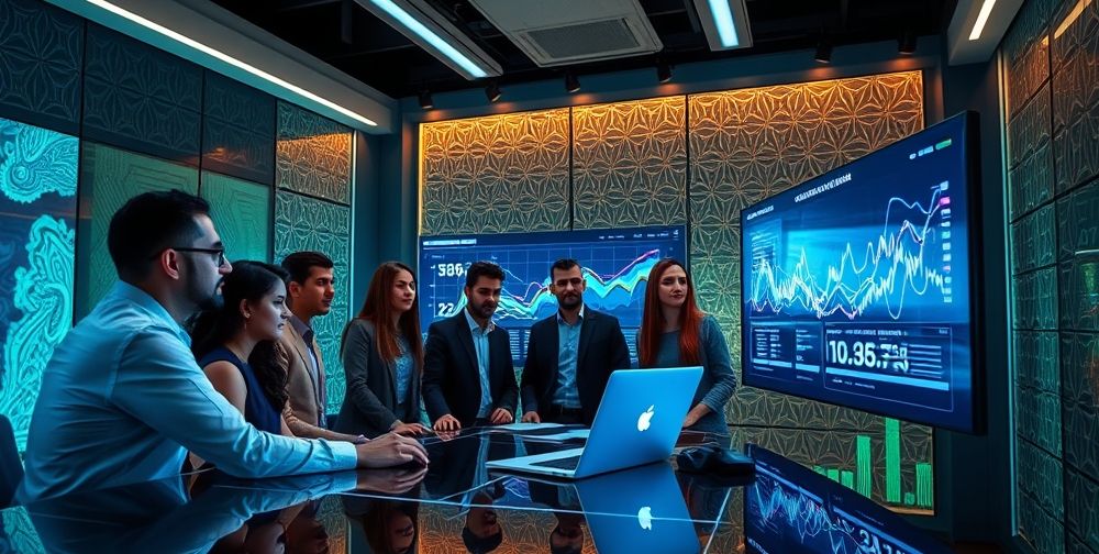 A futuristic AI control center analyzing Persian SEO charts, digital graphs showing upward trends, and a diverse team of Iranian marketers planning content, in a high-tech, yet culturally inspired workspace.
