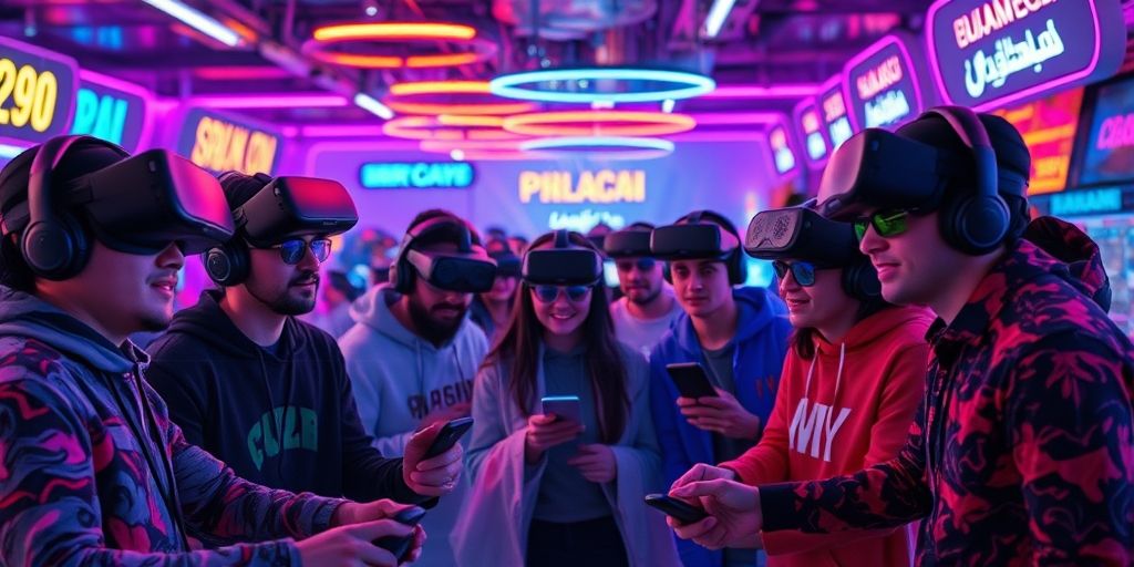 A diverse group of Persian gamers collaborating in a futuristic VR arcade, with holographic AI interfaces displaying real-time game analytics in Persian script, neon lighting.