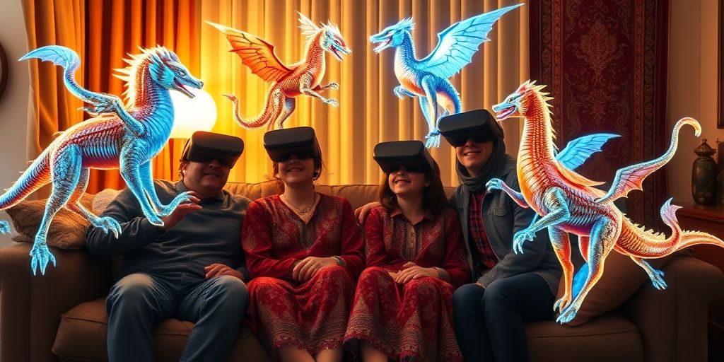 A Persian family experiencing VR gaming together in a cozy living room, with AI-generated holograms of mythical Persian creatures interacting with them, warm ambient lighting.