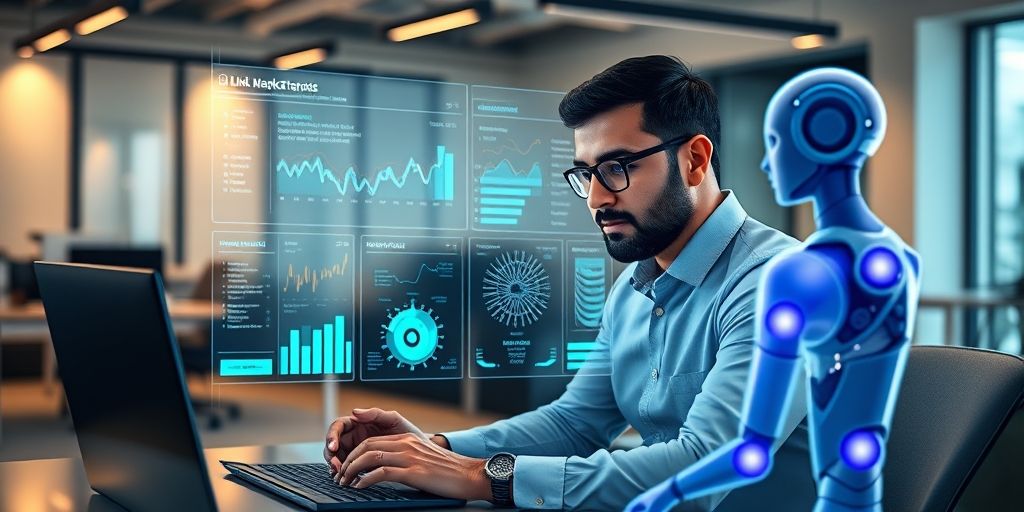 A Persian digital marketer analyzing a holographic dashboard showing link building metrics and network connections, with AI assistant avatar giving recommendations, modern office background