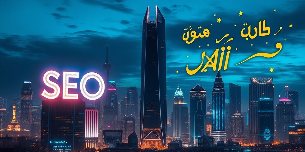 Futuristic Persian cityscape with SEO and AI symbols merging, showing a hybrid human-AI collaboration in digital marketing, with floating Persian script elements