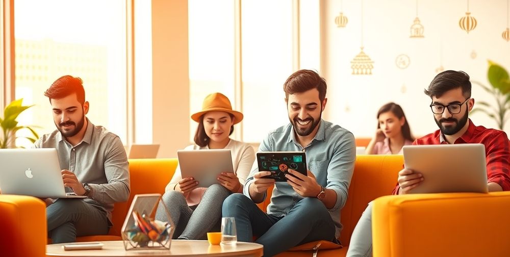 An inspiring scene of Iranian entrepreneurs using AI-powered apps on laptops and smartphones, illustrating creativity, innovation, and the future of Iranian startups.