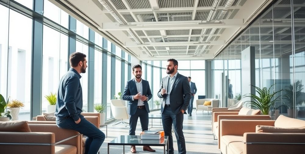 An Iranian entrepreneur consulting with AI experts in a bright, modern workspace, highlighting collaboration and digital transformation in Iranian startups.