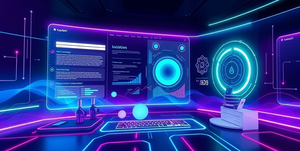 A futuristic web interface with AI integration, showing interactive elements responding to user behaviors in real-time, bright colors and sleek design emphasize technology and user-centric interaction.