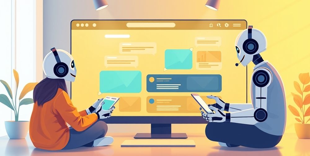 An illustration showing a smooth interaction between human users and an AI-powered website interface, featuring friendly chatbots, personalized content blocks, and seamless navigation flows, bright and welcoming atmosphere.