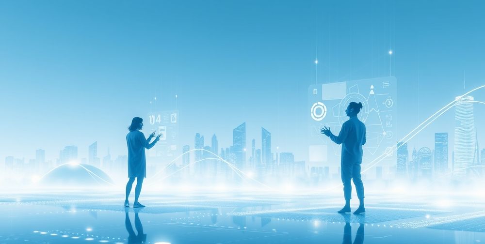 A futuristic digital landscape representing the future of AI in web UX, featuring a harmonious blend of data streams, human silhouettes interacting with holographic interfaces, light blue and white tones symbolizing innovation and trust.