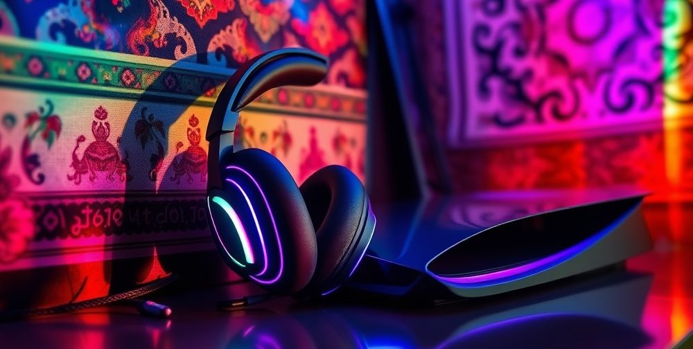 A modern gaming headset with RGB lighting resting beside a sleek console. The headset’s cushioned ear cups, professional boom mic, and braided cable are highlighted in a dynamic, colorful environment inspired by a Persian gamer’s setup.
