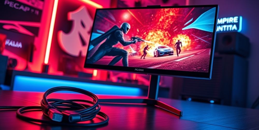 A futuristic scene with a high-end gaming monitor displaying a vibrant action game, HDMI 2.1 cables neatly coiled beside it, an adjustable monitor stand, and backlighting creating an immersive atmosphere in a modern Persian gaming room.