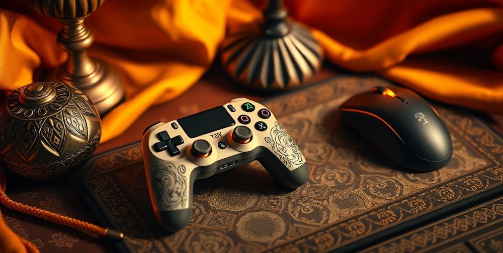 A creative still life featuring a custom-designed PlayStation controller with Persian calligraphy patterns, a limited-edition gaming mouse pad with geometric motifs, and a character figurine. Warm light gives a cozy, inviting Persian vibe.