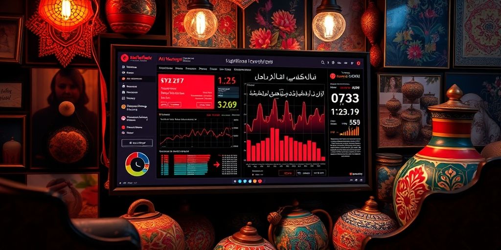 An artificial intelligence security system dashboard on a Persian Instagram shop, flagging a suspicious order and displaying advanced fraud detection graphics with Farsi annotations, layered over colorful Instagram product images.