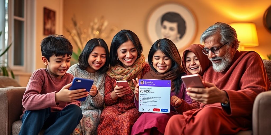 A cheerful Persian family of varied ages and abilities shopping online together via an accessibility-friendly Instagram shop interface, featuring large text, Persian voice assistant graphics, and accessible payment icons, all on a vibrant digital background.