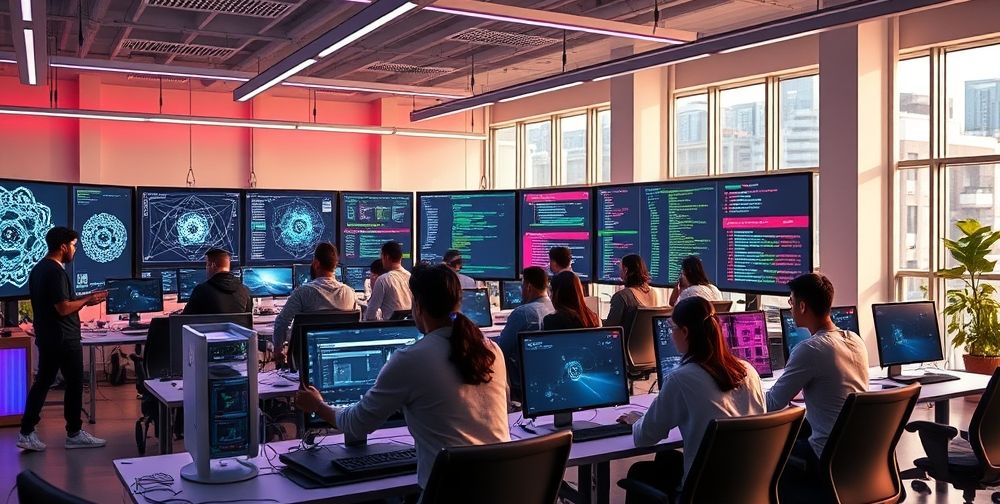 A bright game development studio with multi-ethnic game designers using AI development tools. Large screens display neural network visualizations, game code, and diverse accessibility features being tested.