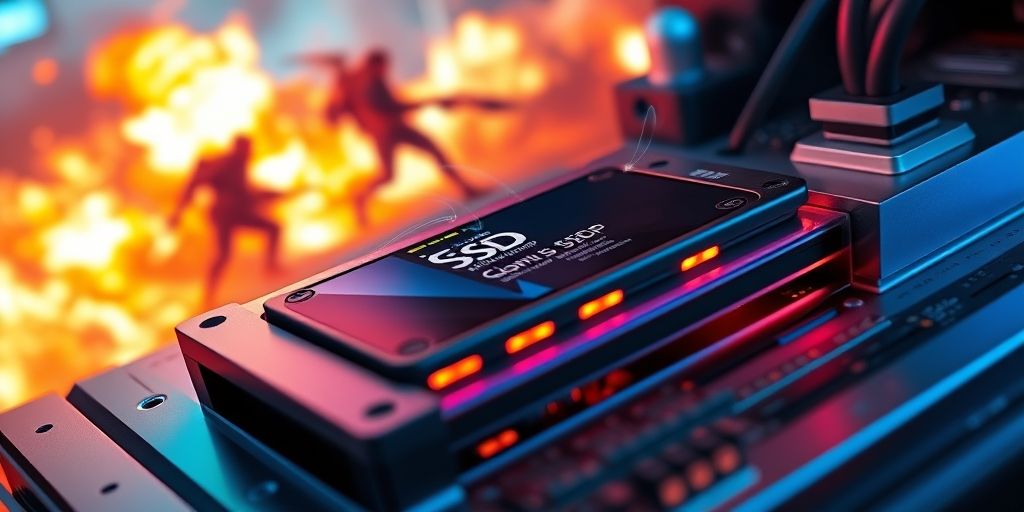 Close-up of an SSD drive installed in a gaming console with speed visualization graphics, showing near-instant loading times in a popular action game scene.
