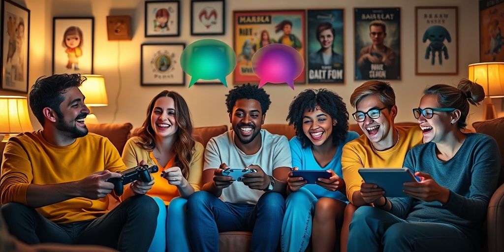 Diverse group of friends playing together on different devices - console, phone, and tablet - with shared game interface and voice chat bubbles visible.