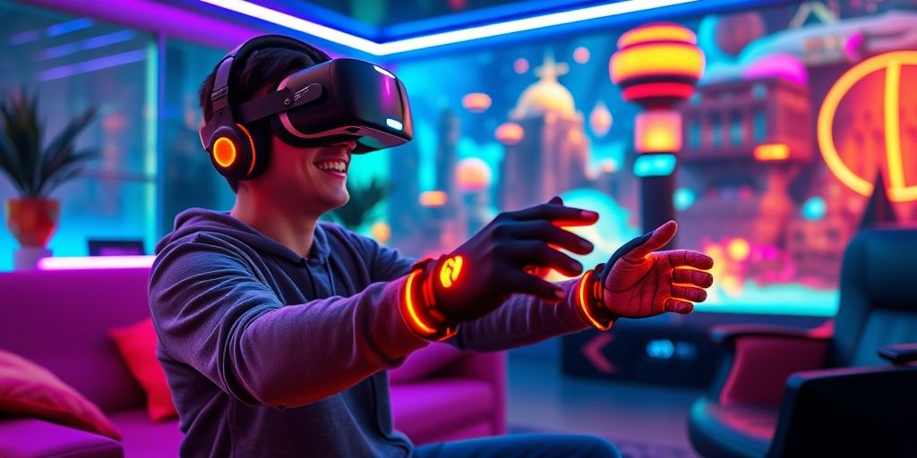 Gamer wearing next-gen VR headset interacting with a highly detailed virtual environment, with motion controllers and haptic feedback gloves visible.