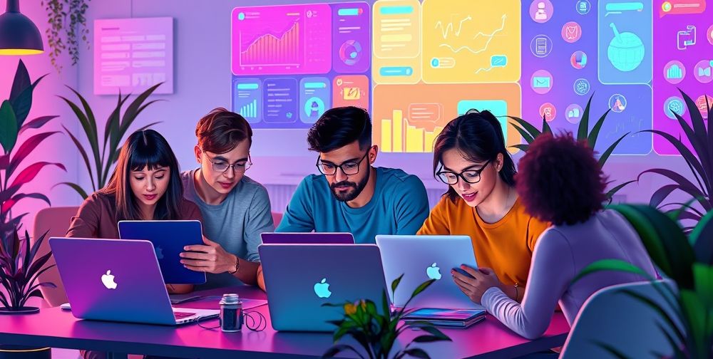 A vivid illustration showing several people collaborating at their laptops and tablets, surrounded by virtual screens displaying content creation, data analysis, AI chatbots, and e-commerce icons, reflecting modern monetization paths with AI.